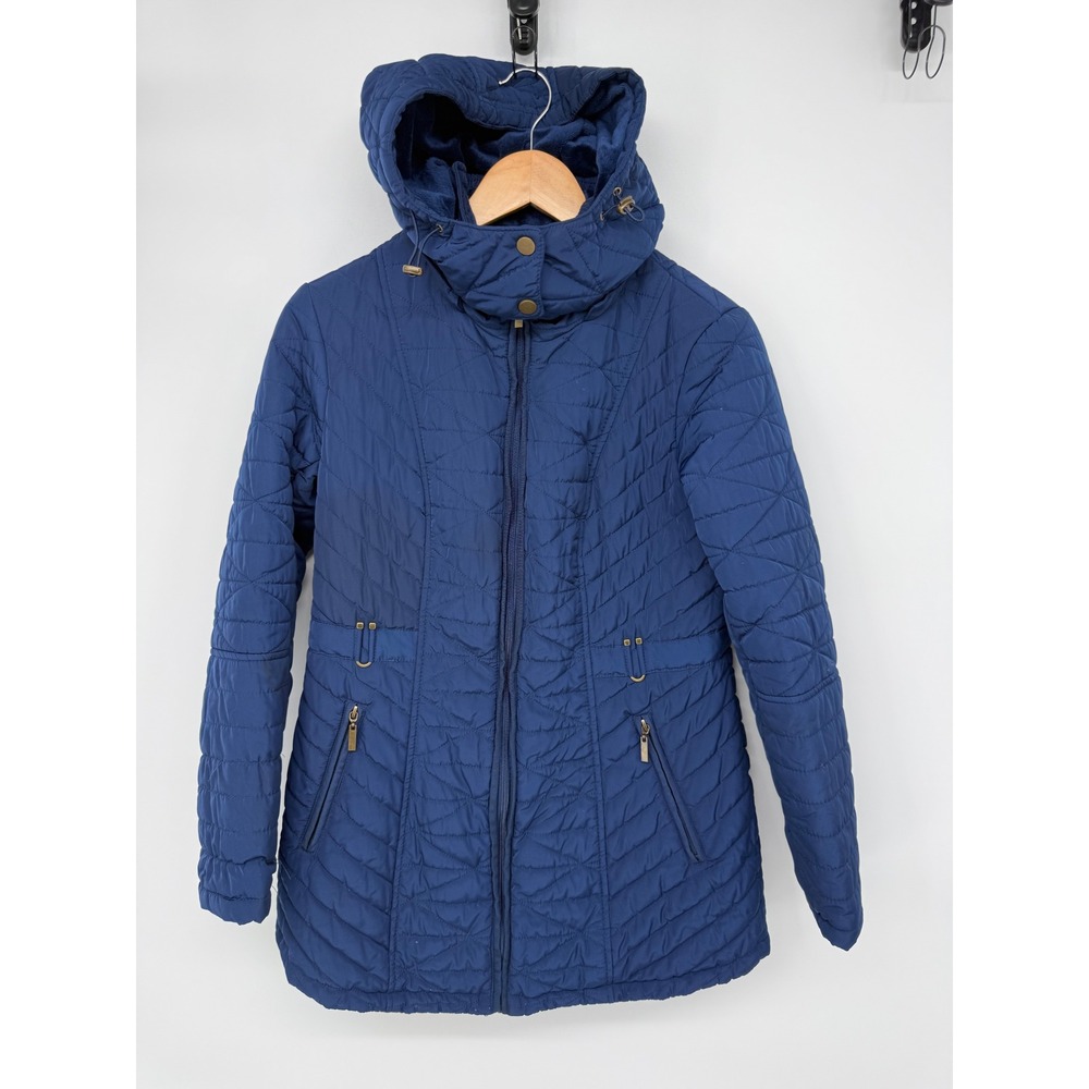 Gallery New York Navy‎ Blue Quilted Puffer Jacket with Plush Faux Fur Hood Med